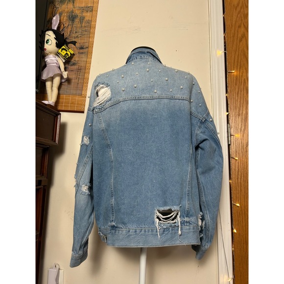 Oversized Free People Sunday Funday Pearl Jean Denim Distressed Jacket L Cotton - Picture 4 of 8